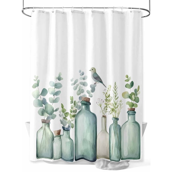Fsddascl Teal Eucalyptus Leaves Shower Curtain Set - Extra Long 72" x 96" Washable Bathtub Curtain with 12 Hooks, Watercolor Vase Birds Waterproof Fabric Stall Shower Curtains for Bathroom/Bathtub