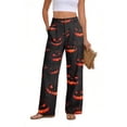 thumbnail image 5 of Halloween Wide Leg Pants for Women, Button Closure Trousers with Gradient Pumpkin & Bat Print, High Waist Loose Fit Streetwear Bottoms with Pockets, 1 Pc Deep Red S, 5 of 6