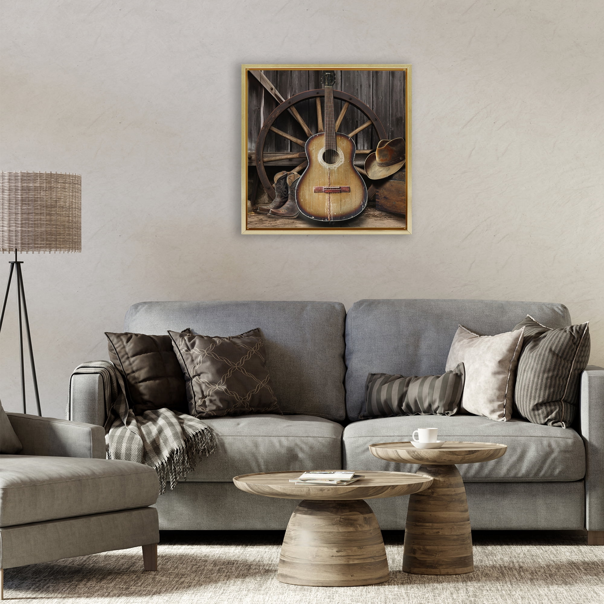 Stupell Industries Rustic Western Guitar with Hat Gold Framed Floater Canvas Wall Art, design by CAD Designs