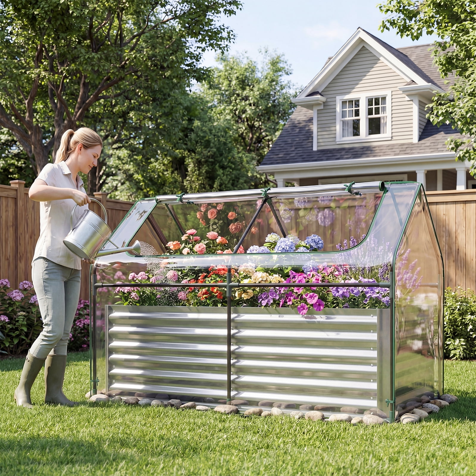 Gymax Galvanized Raised Garden Bed w/ Cover68''x33''x21''Planter Box w/ Mini Greenhouse Sliver & Clear