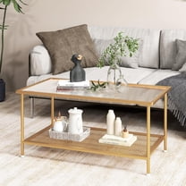 Glass Coffee Table, Rectangular Tempered Glass Center Table w/Metal Mesh Storage Shelf, Modern Accent Table with Gold Metal Frame for Living Room & Small Spaces