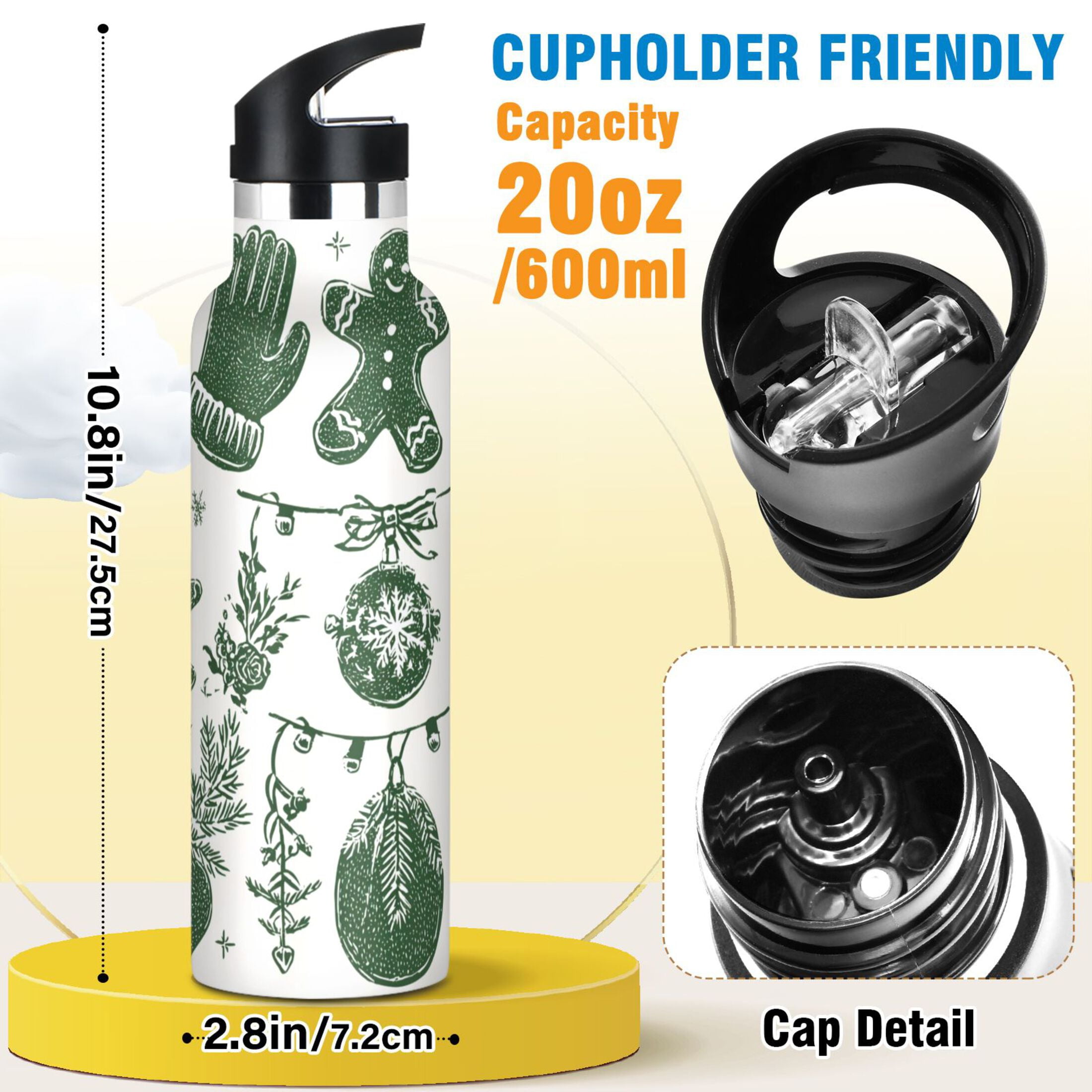 600ML Stainless Steel Insulated Cup Sports Water Bottle Portable Thermos Cup Water Glasses Insulated Tumblers Convenient and Durable Christmas Gingerbread Man Cute