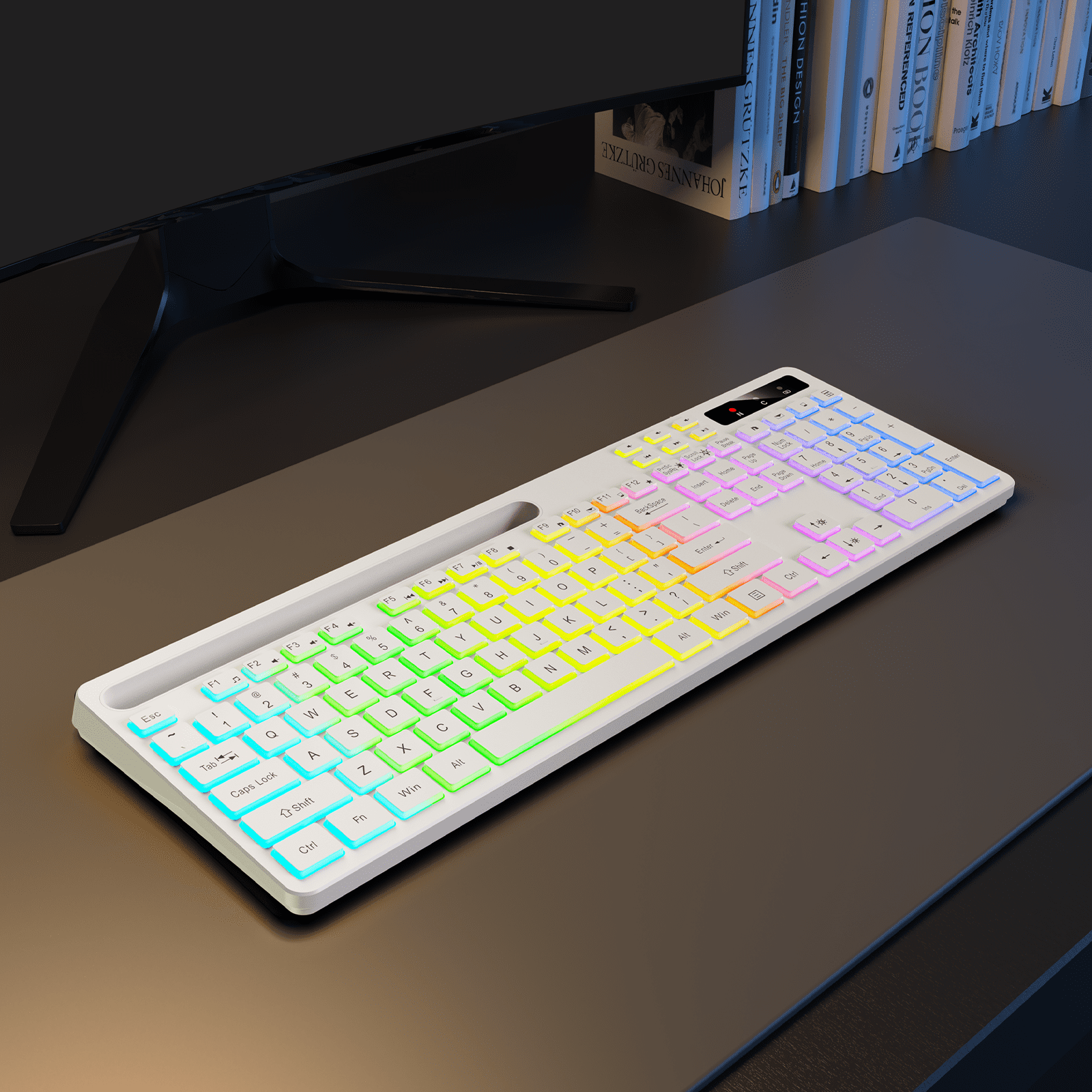 Wireless Keyboard with 7-Color RGB Backlit, Marvo Full-Size Computer Keyboard with Phone Tablet Holder, Rechargeable 2.4G Wireless Gaming Keyboard with Light up Keys, Compatible with Mac,Window,White