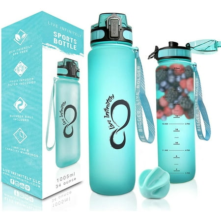 

Live Infinitely Gym Water Bottle with Time Marker Fruit Infuser and Shaker 34 Oz Teal
