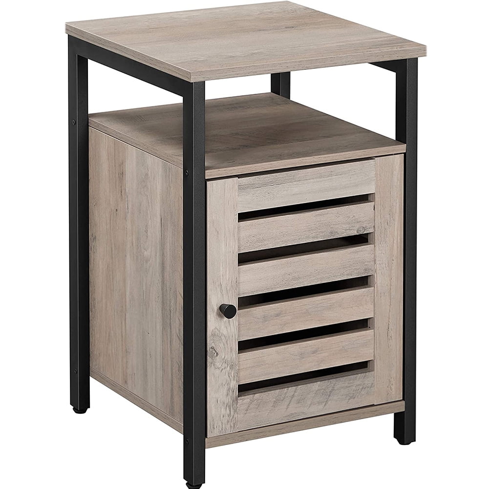 Kadyn End Table, Steel Side Table with Open Shelf and Door, Inner Adjustable Shelf, Bedside End Table for Bedroom, Greige and Black Kadyn End Table, Steel Side Table with Open Shelf and Door, Inner Adjustable Shelf, Bedside End Table for Bedroom, Greige and Black