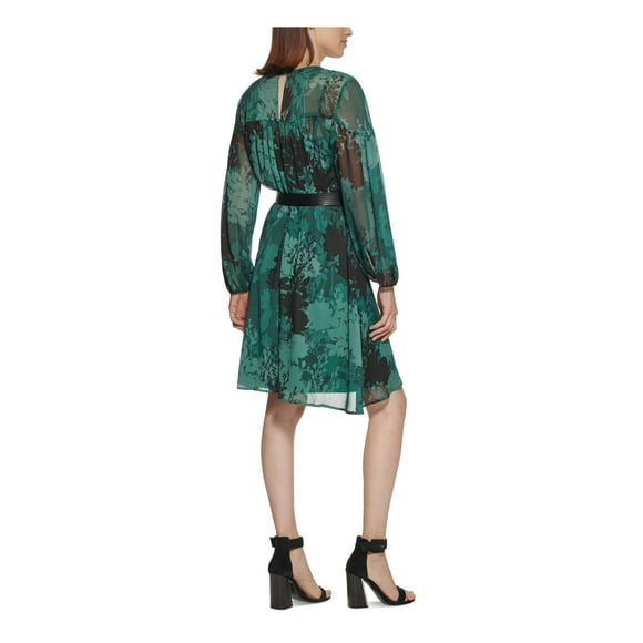 Calvin Klein Womens Green Belted Lined Floral Long Sleeve Round Neck Above The Knee Cocktail Shift Dress Petites 10P