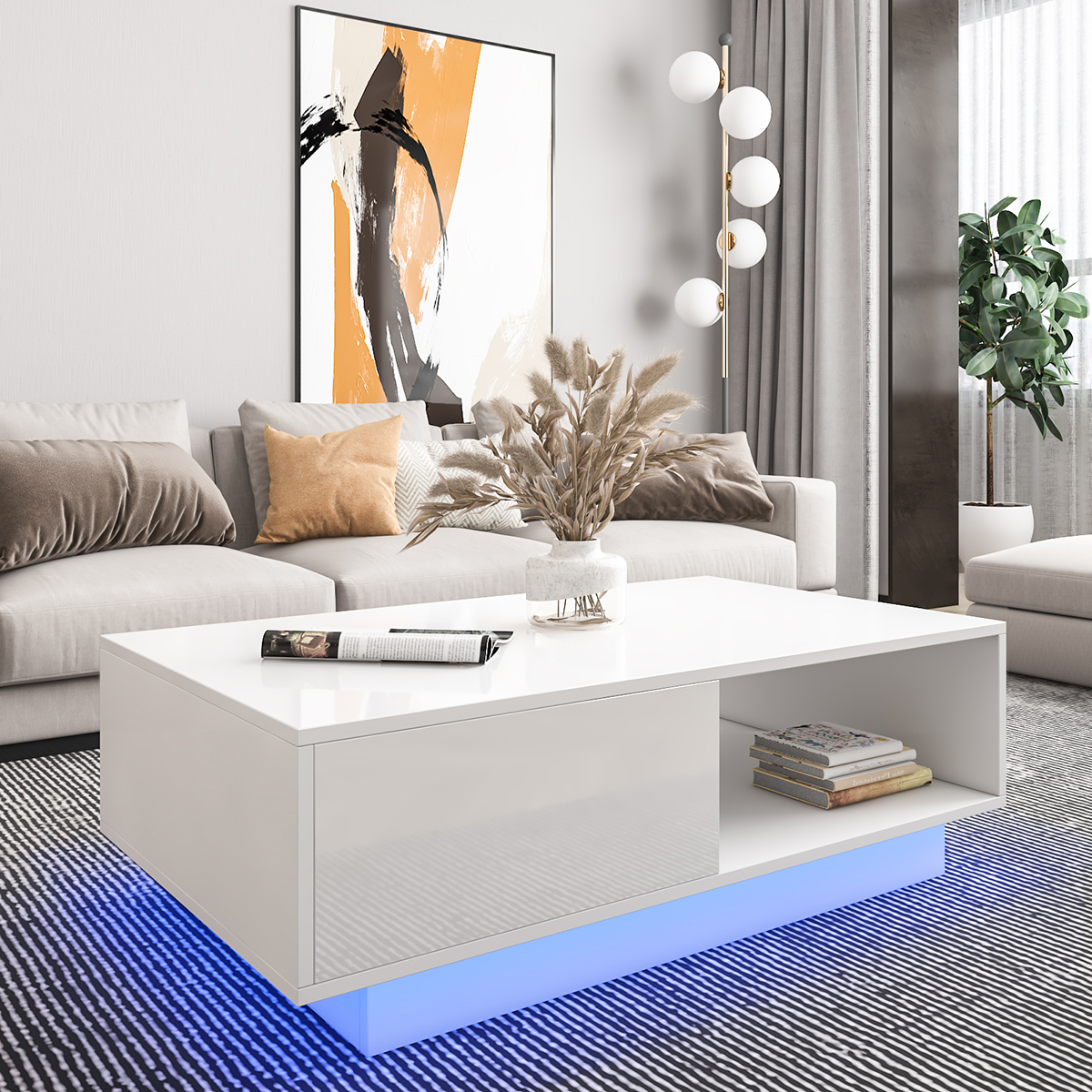 Hommpa Coffee Table Modern White LED Coffee Table High Gloss Finish W/2