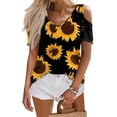thumbnail image 5 of UoCefik Womens Cold Shoulder Tops Short Sleeve Dressy Casual Shirts Summer Fashion V Neck Basic Tees Sunflower Print Blouses Black S, 5 of 6