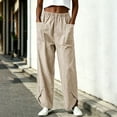 thumbnail image 2 of XPMWRP Women Elastic High Waist Big Patch Pocket Denim Wide Leg Pants Front Split Ankle Loose Lightweight Jeans Casual Walking Vacation Trousers Khaki XXL, 2 of 7