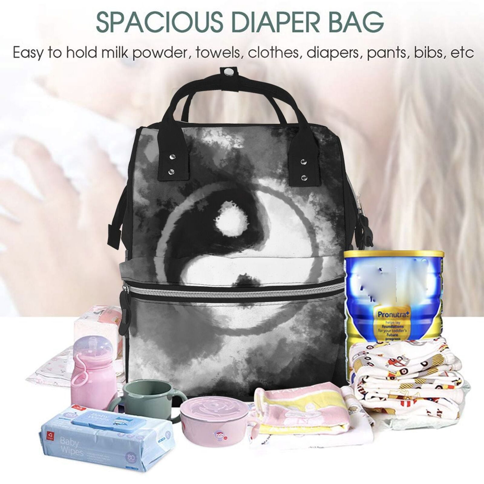 Fuzoiu Yin And Yang Print Diaper Bag Backpack,Baby Essentials Travel Tote,Multi function Waterproof Diaper Bag, Travel Essentials Baby Bag - Unisex
