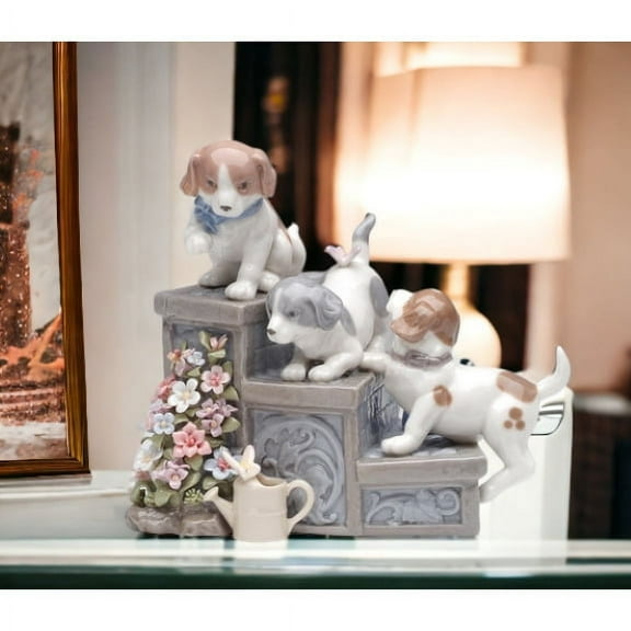 Ceramic Three Puppies Music Box Garden Steps 5x6 Gift for Dog Lovers