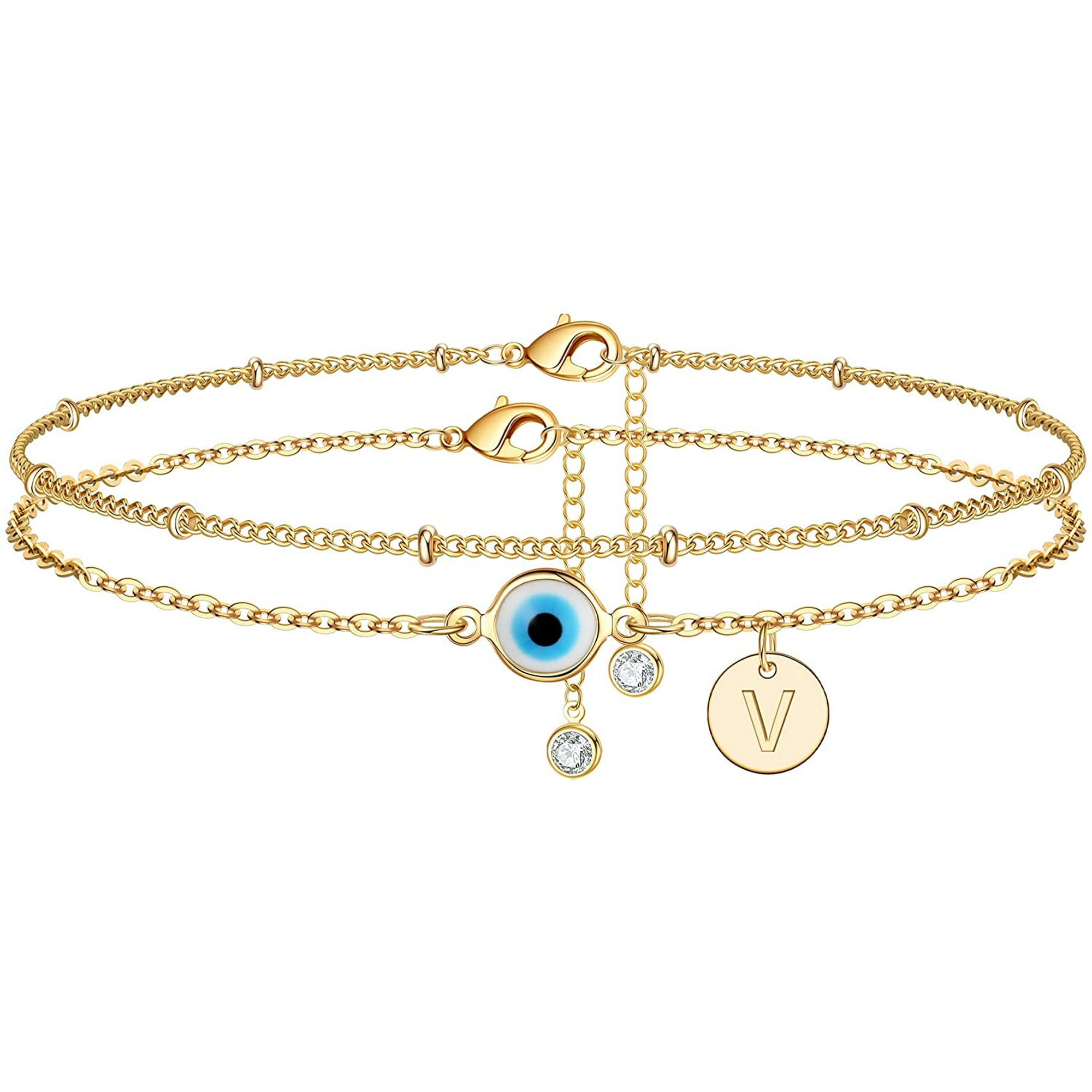 Weis Yoosteel Evil Eye Ankle Bracelets For Women 14k Gold Plated Dainty Disc Letter Initial Ankle Bracelets Layered Anklet Evil Eye Ankle Bracelets F