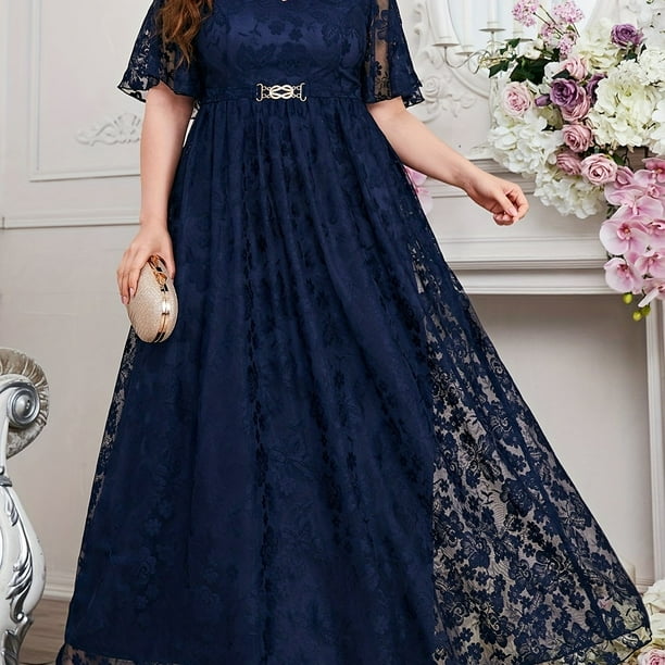 Vestido Elegante De Talla Grande, Vestido De Novia Maxi Con Decoración De Metal Y Manga Corta Con Cuello Redondo Y Encaje Sólido Para Mujer