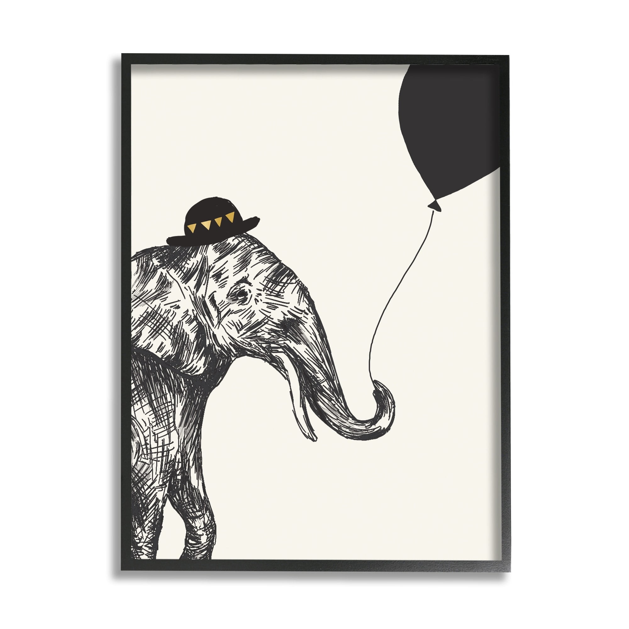 Stupell Industries Elephant with Derby Hat Holding Black Balloon Graphic Art White Framed Art Print Wall Art, 24x30, by Heather McLaughlin