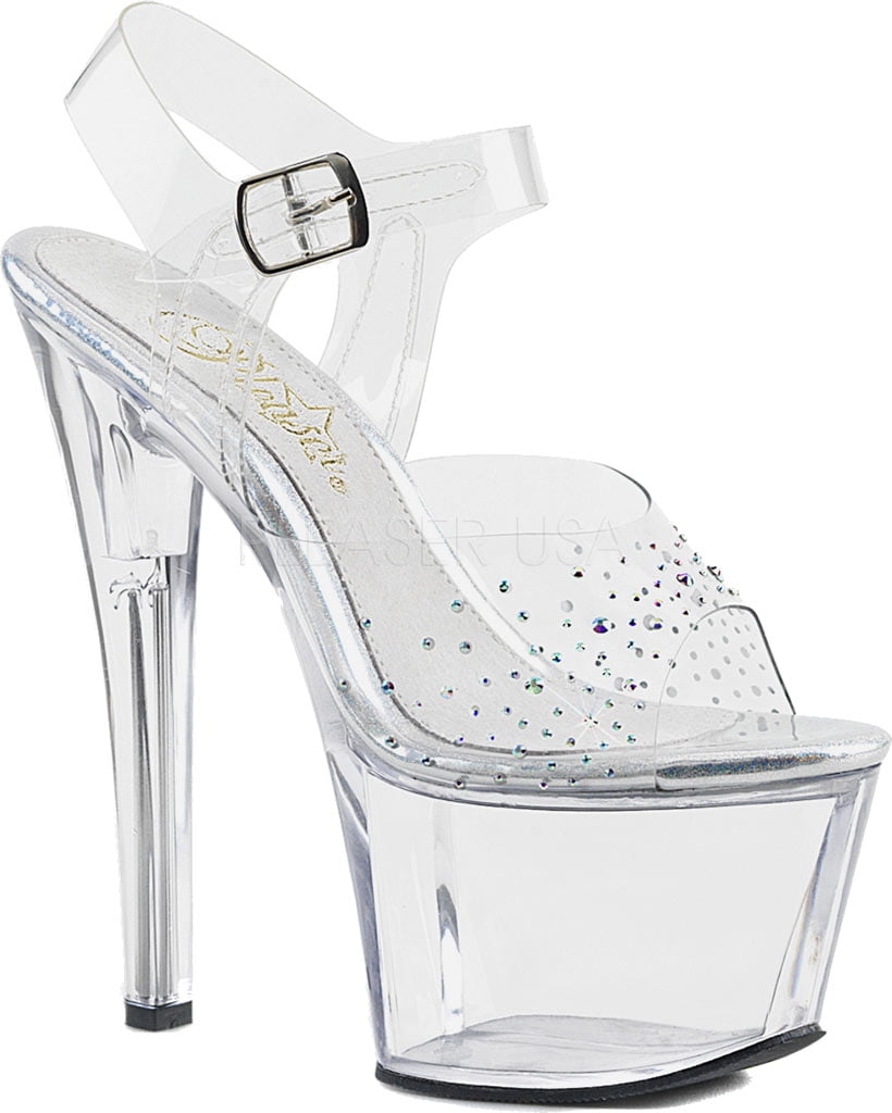 Pleaser Sky-308 Ladies Gold Spike Toe Pump Slide Vegan Shoe Ankle Strap Sandal 