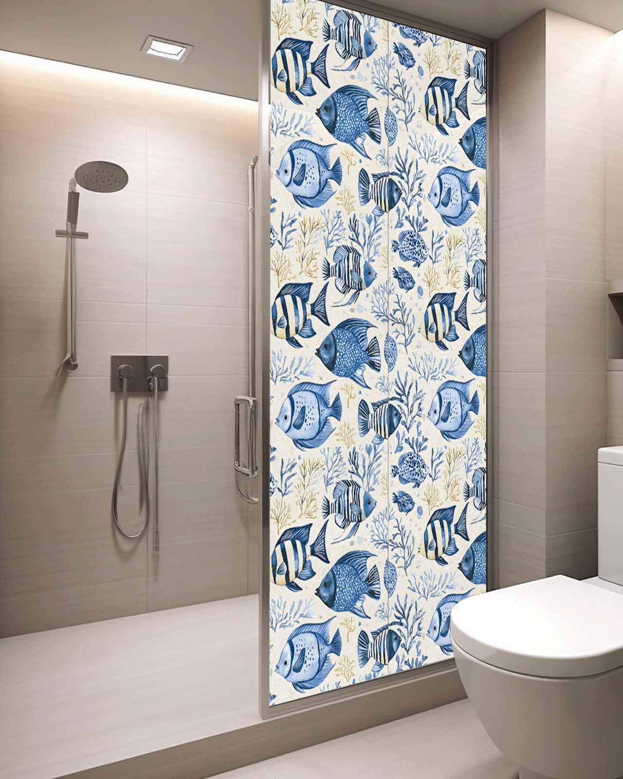 Window Privacy Film Blue Ocean Fish Stained Glass Window Film Decorative Sun Block Window Cover Tropical Animal Coastal Coral Marine Life Window Clings Static Sticker for Bathroom 29.5"x78.7"