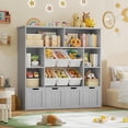 thumbnail image 3 of Hiphuta 49" Wide 4-Tier Toy Storage Organizer, Wood Kid Bookcase with 6 Boxes & 4 Removable Drawers, Bookshelf for Kids' Room, Classroom, Gray + White Boxes, 3 of 7