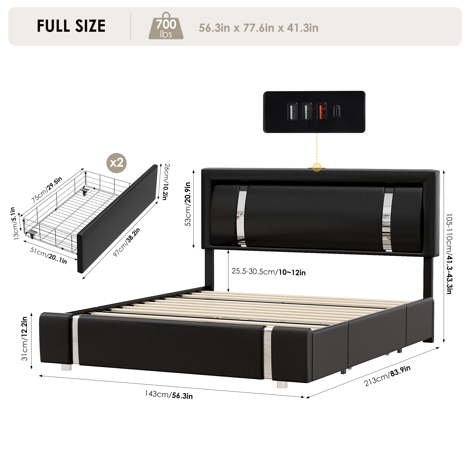 Homfa Full Bed Frame with LED Headboard & Charge Station & 2 Storage Drawers, PU Leather Upholstery Adjustable Platform Bed Frame, Black