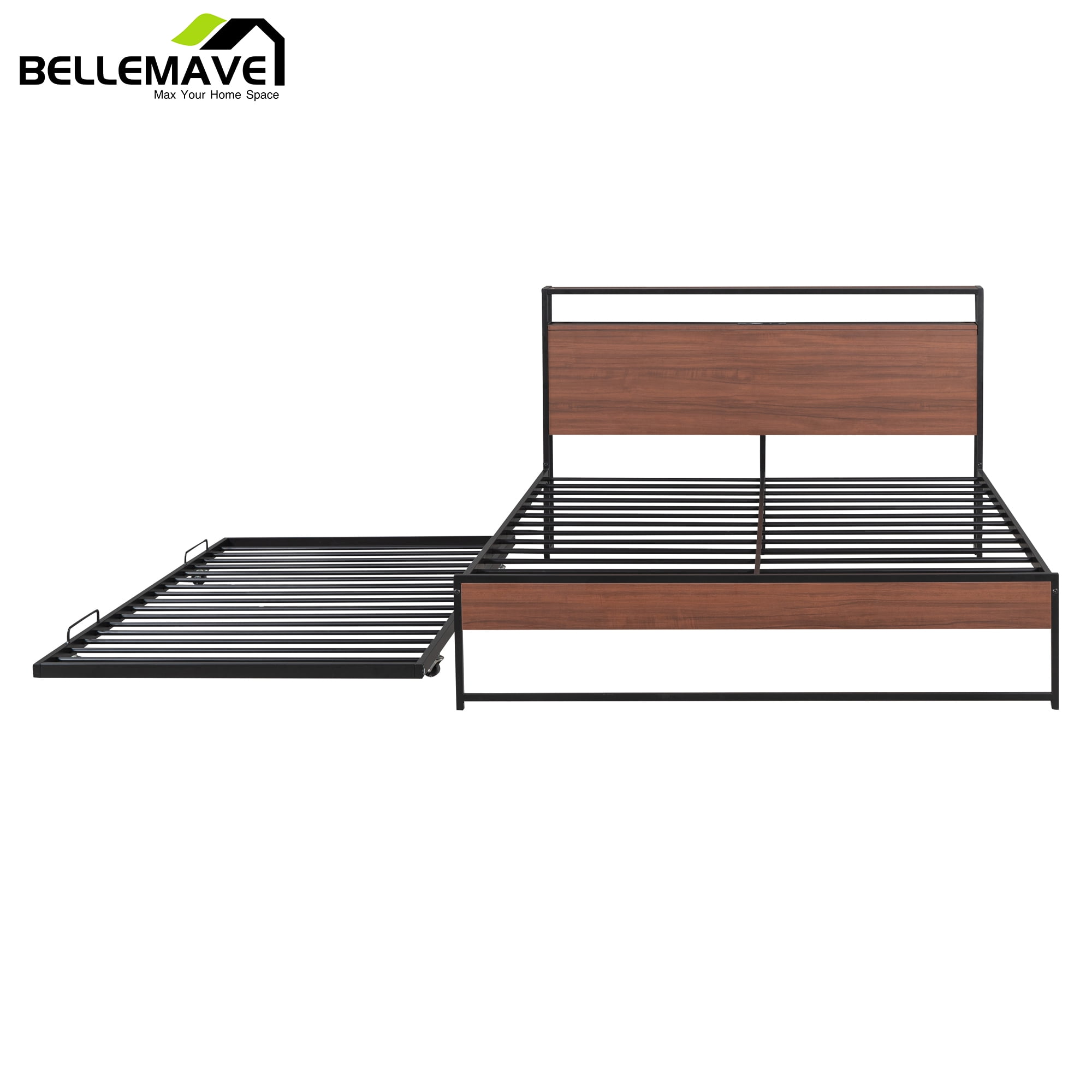 Bellemave Queen Platform Bed Frame with Twin Size Trundle, Usb Ports and Storage Shelf, Metal Queen Bed Frame with Headboard, Noise-Free, No Box Spring Needed(Black)