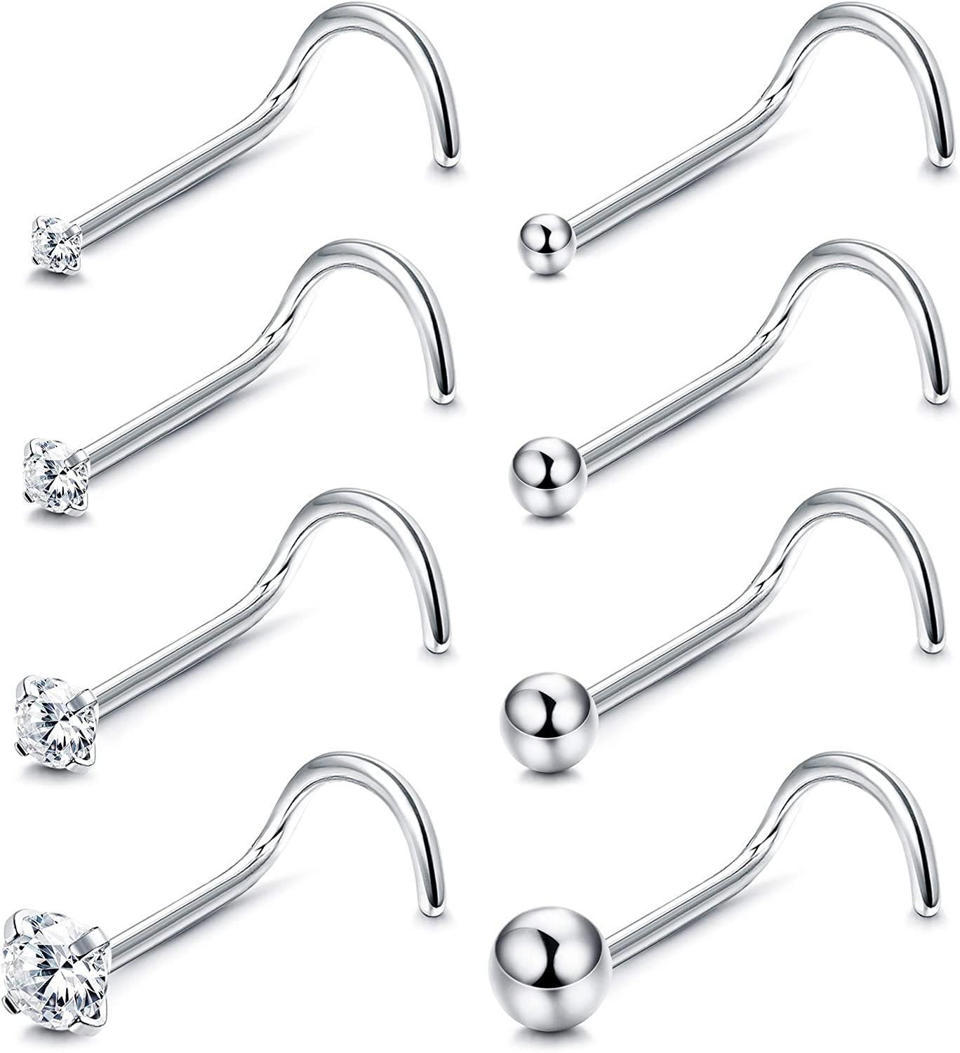 Mqlnutr 8PCS 20G Nose Studs 925 Sterling Silver Corkscrew Nose Studs