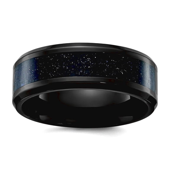 Stainless Steel Polished Black Ip With Blue Star Sandstone Inlay 8mm Band Size 8 Ring for Women and Men