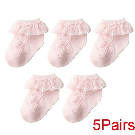 

5Pairs Baby Girls Ruffle Cotton Socks Vintage Lace Stockings L Pink