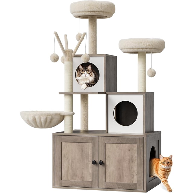 Cat Tree House, Cat Condos, Aesthetic Cats Tree, Hidden Litter Box, Wooden Cats Furniture with Multiple Platforms with Sisal Scratching Posts and Soft Plush Perches, Easy to Clean and Ventilate