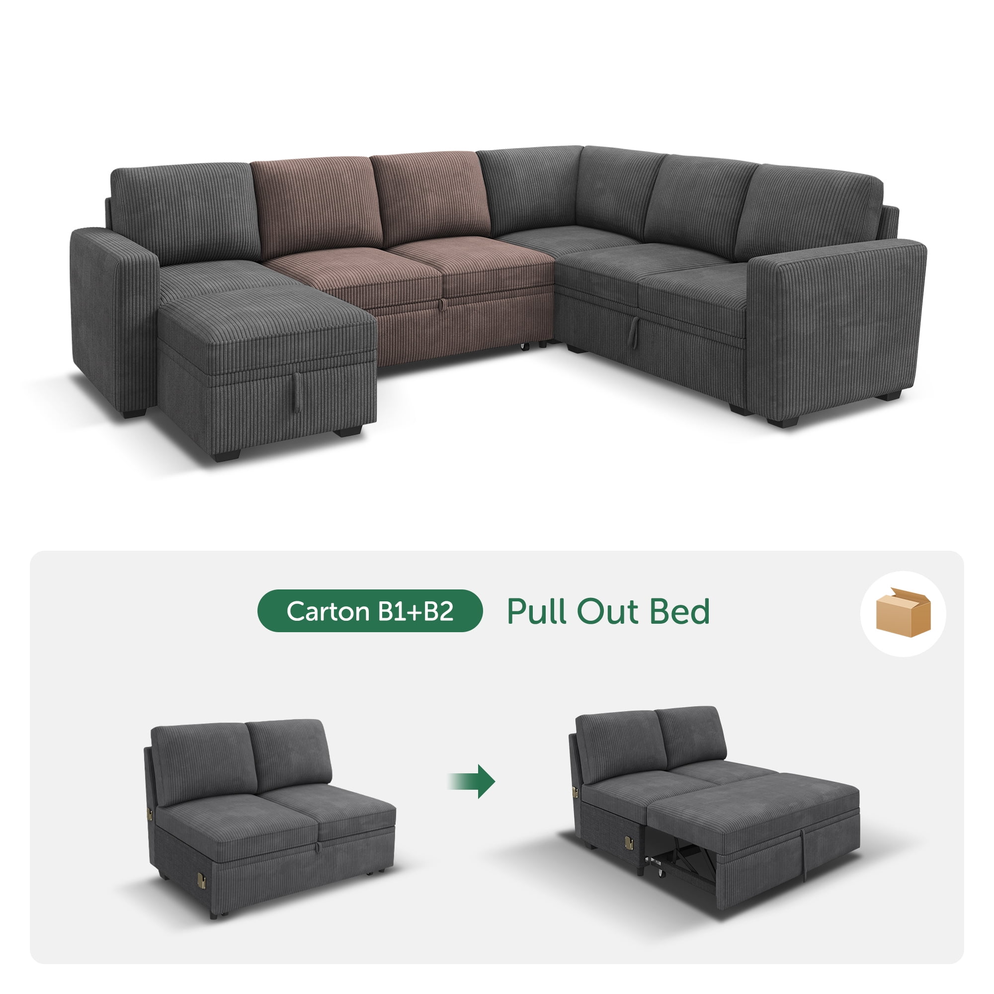 HONBAY Pull-Out Bed Module for Modular Sectional Sleeper Sofa, Corduroy Gray