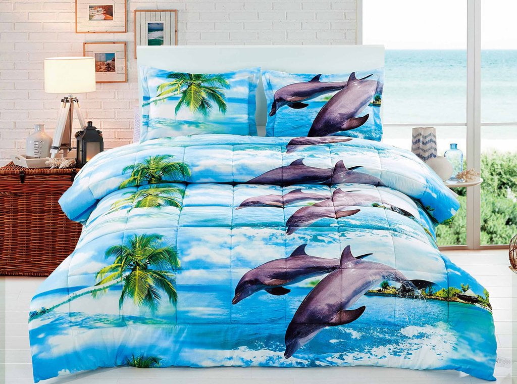 3 Piece 3D Comforter Set 3D Dolphin and Palm Tree Comforter Set Queen