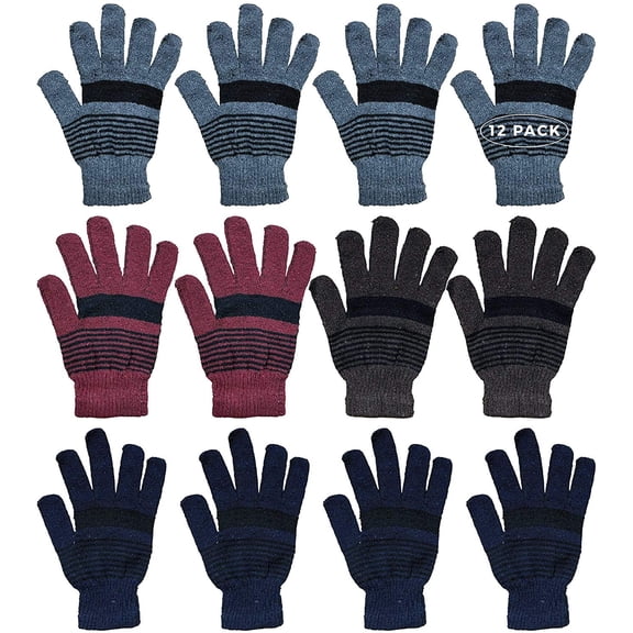 Yacht & Smith 12 Pairs of Winter Gloves Mens and Womens - Thermal Knit Stretchy Fuzzy Bulk Glove Colors (UNISEX STRIPE)
