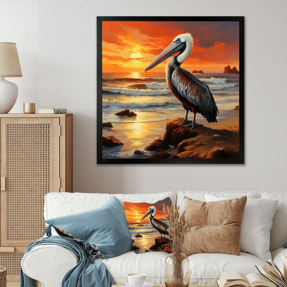 Designart "Sunset Harmony with Shoreline Pelican I" Animals Framed Wall Art Decor - Modern Yellow Pelican Bedroom Framed Canvas Wall Art