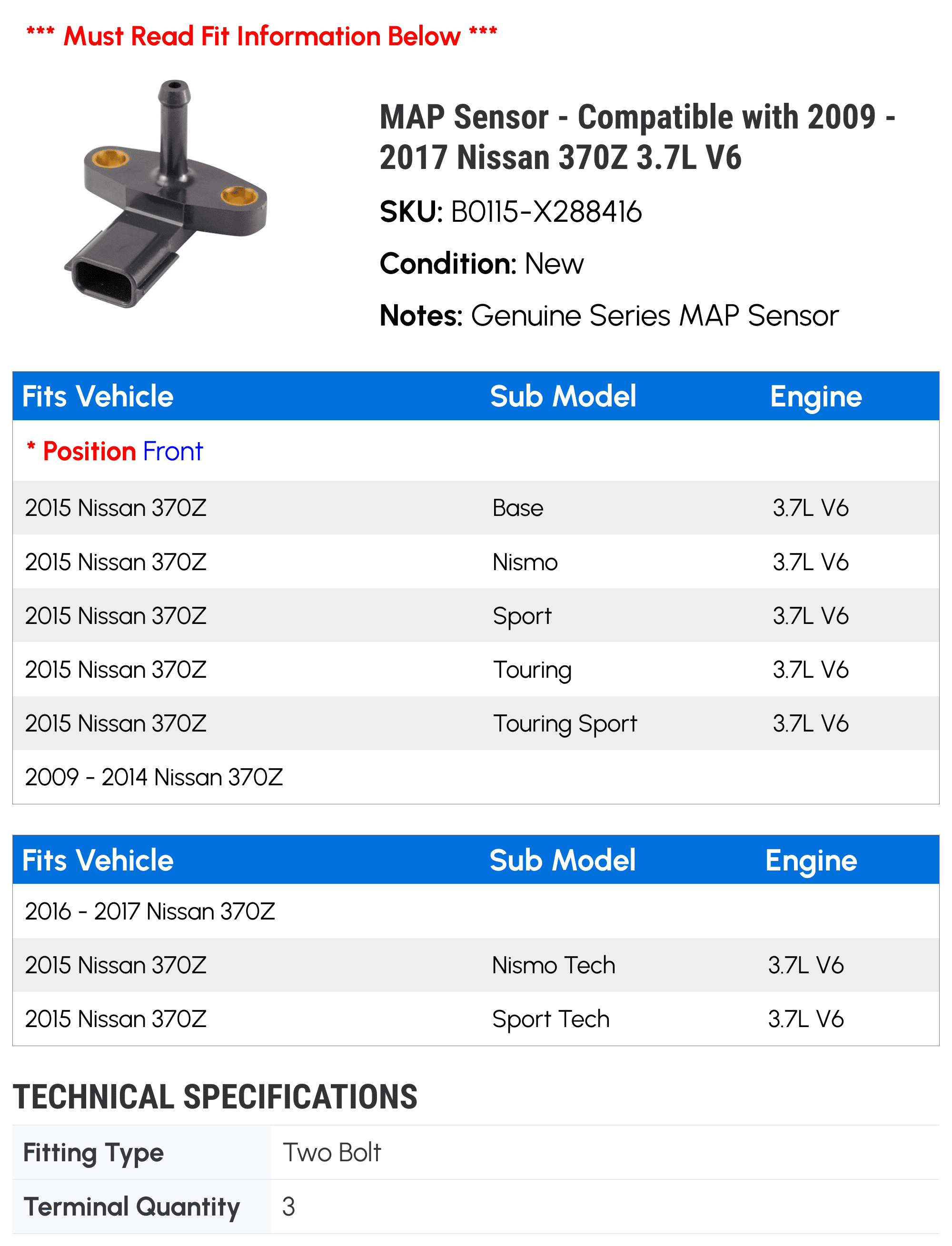 MAP Sensor - Compatible with 2009 - 2017 Nissan 370Z 3.7L V6 2010 2011 2012 2013 2014 2015 2016