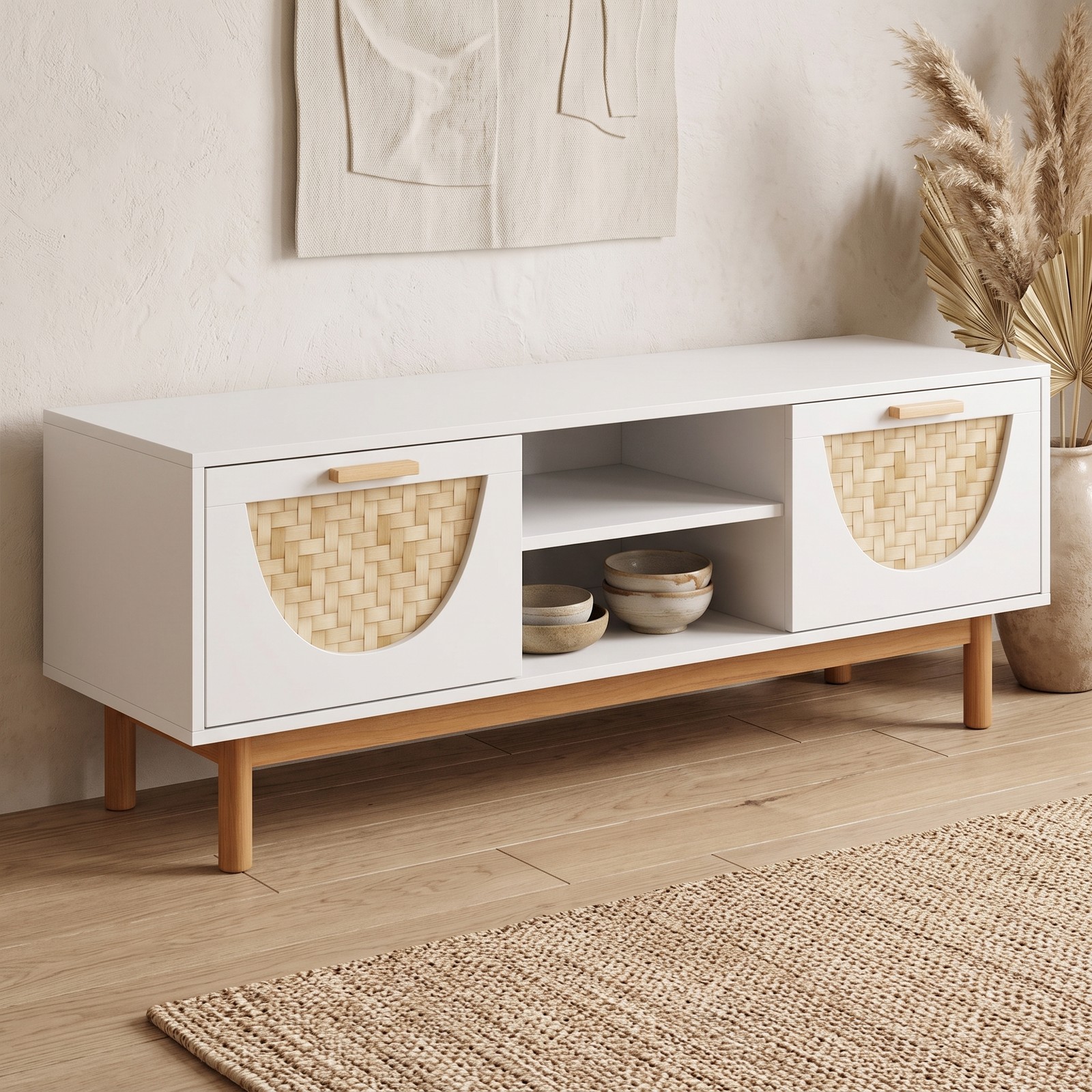 Furnibear Mid Century Modern TV Stand Entertainment Center for 55 Inch TV, Wood Media Console with 2 Drawers, 2 Open Shelves and Bamboo Woven, White and Natural