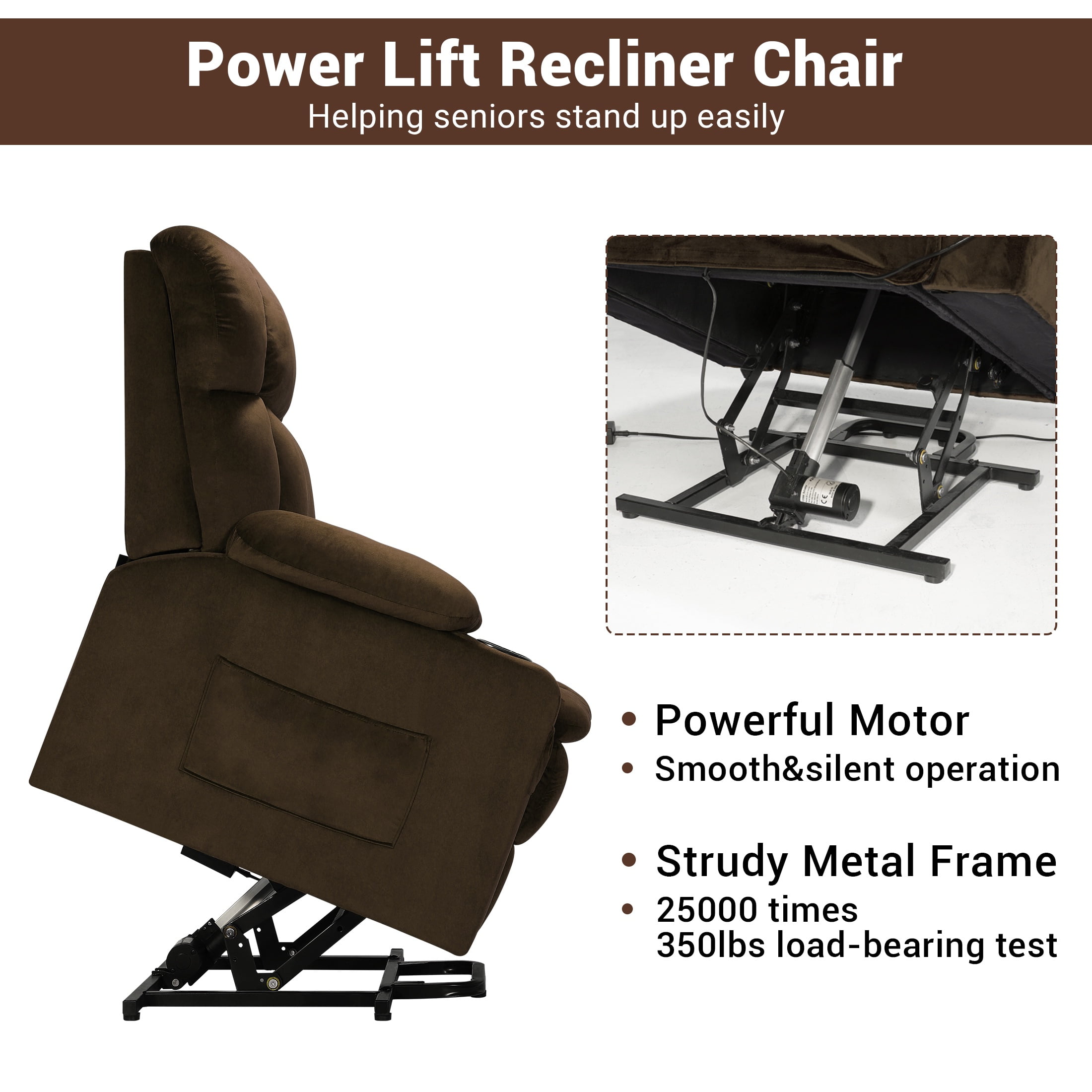 HSUNNS Large Power Lift Recliner Chair with Massage and Heat for Elderly Big and Tall People, Overstuffed Wide Recliners with 2 Cup Holders, Side Pocket for Living Room, Single Sofa, Brown