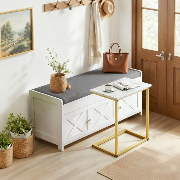 CHITOOMA 43.4" Shoe Storage Bench with Cushion & C Shaped End Table Set, Entryway Bench with Barn Doors and Adjustable Shelf, Sofa Side Table with Metal Frame for Living Room Bedroom, White Marble