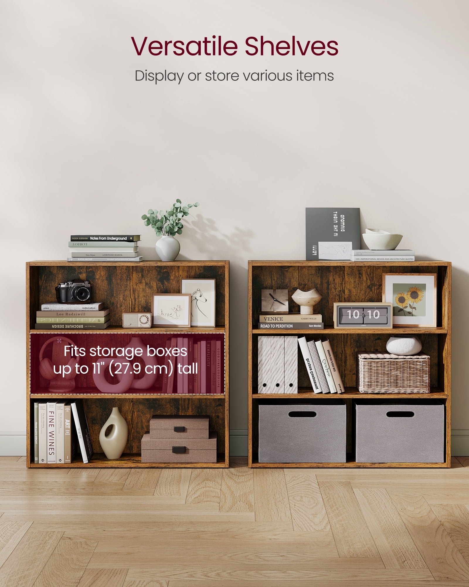 3-Tier Bookcase, 9.4"D x 31.5"W Open Bookshelf with Adjustable Storage Shelves for Home Office, Brown
