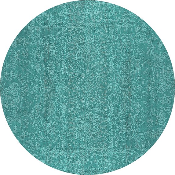 Ahgly Company Machine Washable Indoor Round Oriental Turquoise Blue Industrial Area Rugs, 4' Round