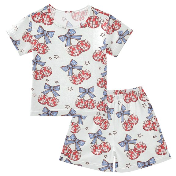 joogoo Blue Bows Disco Balls Pattern Pajama Sets Short Sleeve Cotton 2-Piece Sleepwear 10Y