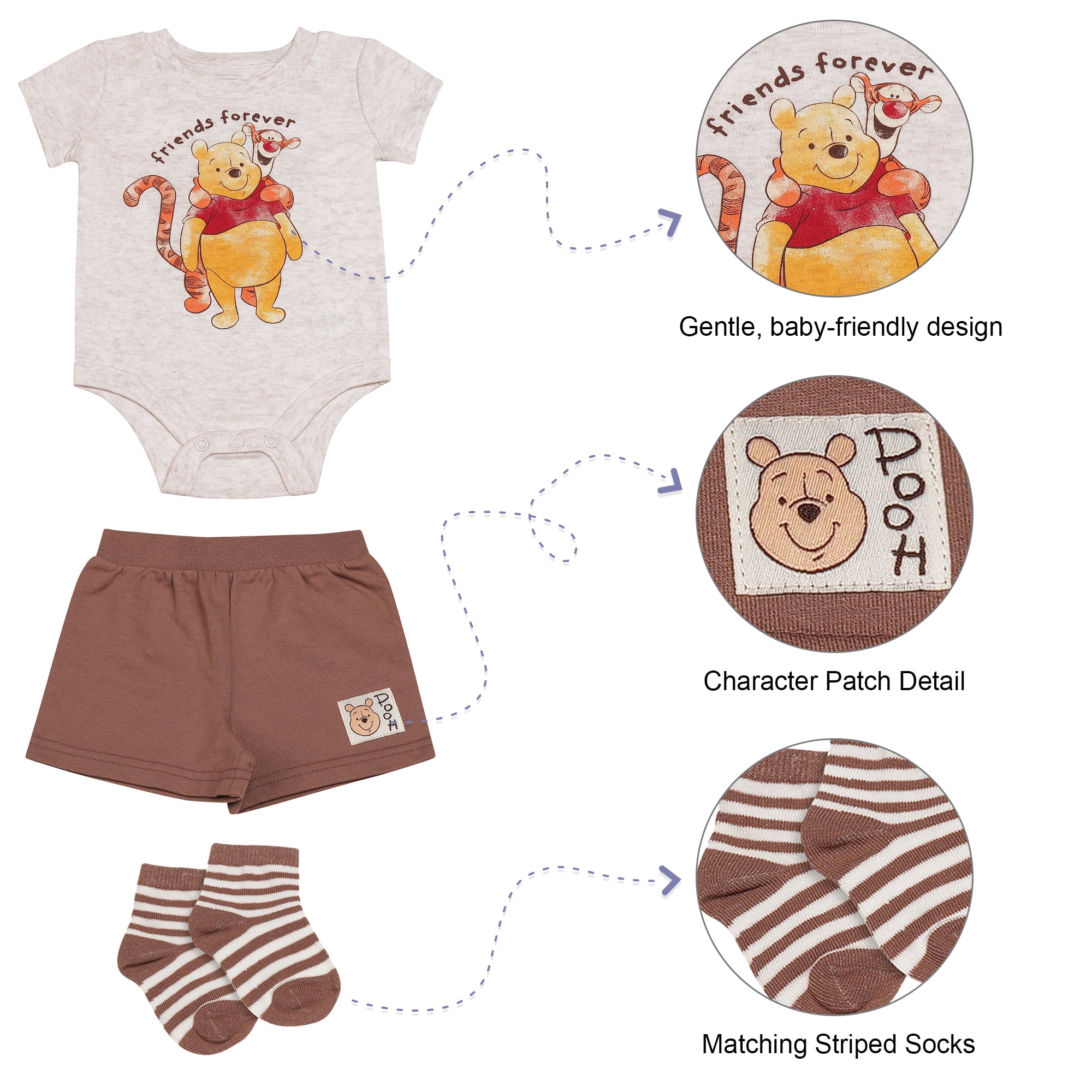 Disney Clothes Baby Boys 3-Piece Outfit Set – Winnie the Pooh Bodysuit, Shorts & Socks – Soft Cotton Newborn Infant Gift Brown 3/6M
