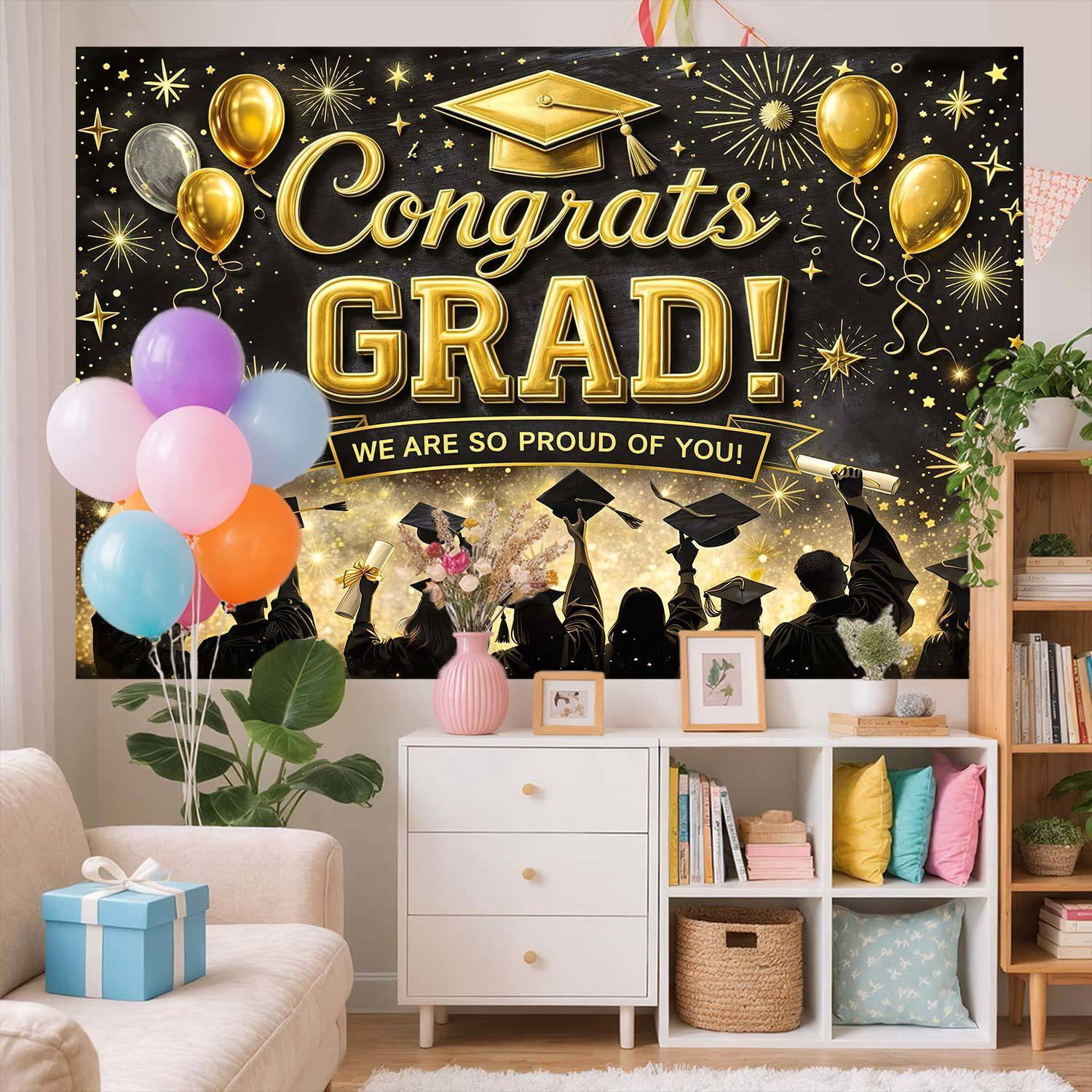Congrats Grad Graduation Backdrop 7x5ft, Black and Gold Graduation Party Decoration Backdrop, Class of 2026 Photography Background, We Are So Proud of You Photo Booth Prop for Graduation Ceremony