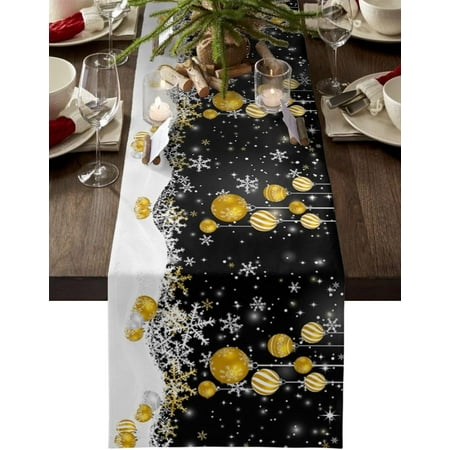 

Merry Christmas Cotton Linen Table Runner Dresser Scarves Gold Xmas Balls Winter Black Table Runners for Dinning Table Snowflake Sparkle Kitchen Decor Holiday Dinner Decoration-13.8x108 Inch