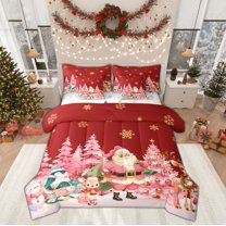 Manfei Red Pink Christmas Bedding Comforter Set 7pcs for Child, Funny Santa Claus King Bedding Sets, Winter Snowman Penguin Reversible Bed Sheets, Ultra Soft Home Decor