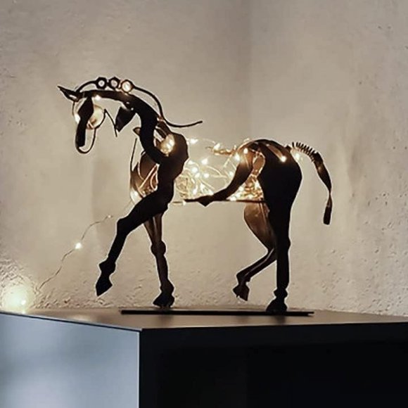 Metal Horse Sculpture, LED Modern Horse Handicraft Statue Figurine, Hollow tabletop decorative metal ornaments, Rusty Standing Horse Statue