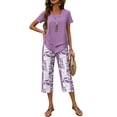 thumbnail image 4 of Krdevn Womens Casual 2 Piece Outfits Short Sleeve Irregular Top Leaf Print Capri Pants Summer Daily Wear Set,S, 4 of 7