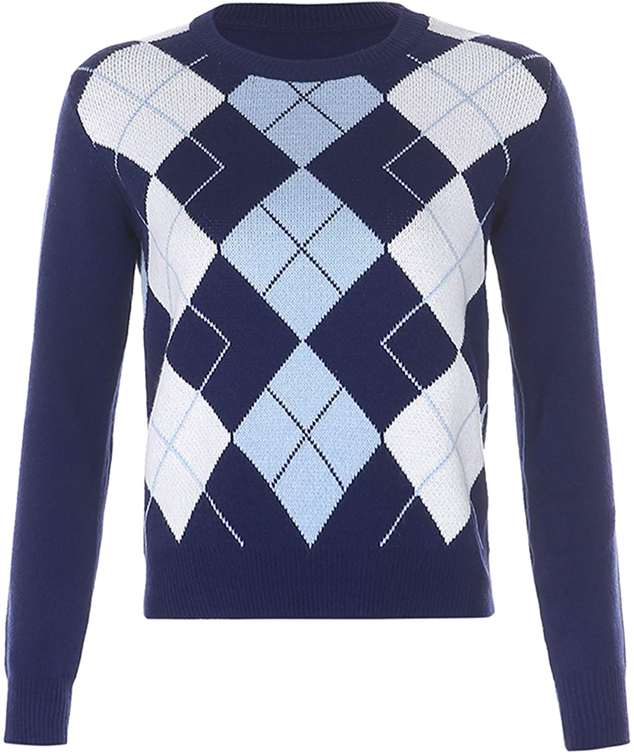 Luiryare Women Argyle Plaid Long Sleeve Sweater Preppy Style Vintage Knitted Crop Pullover Casual Tops, Women's, Size: One size, Blue