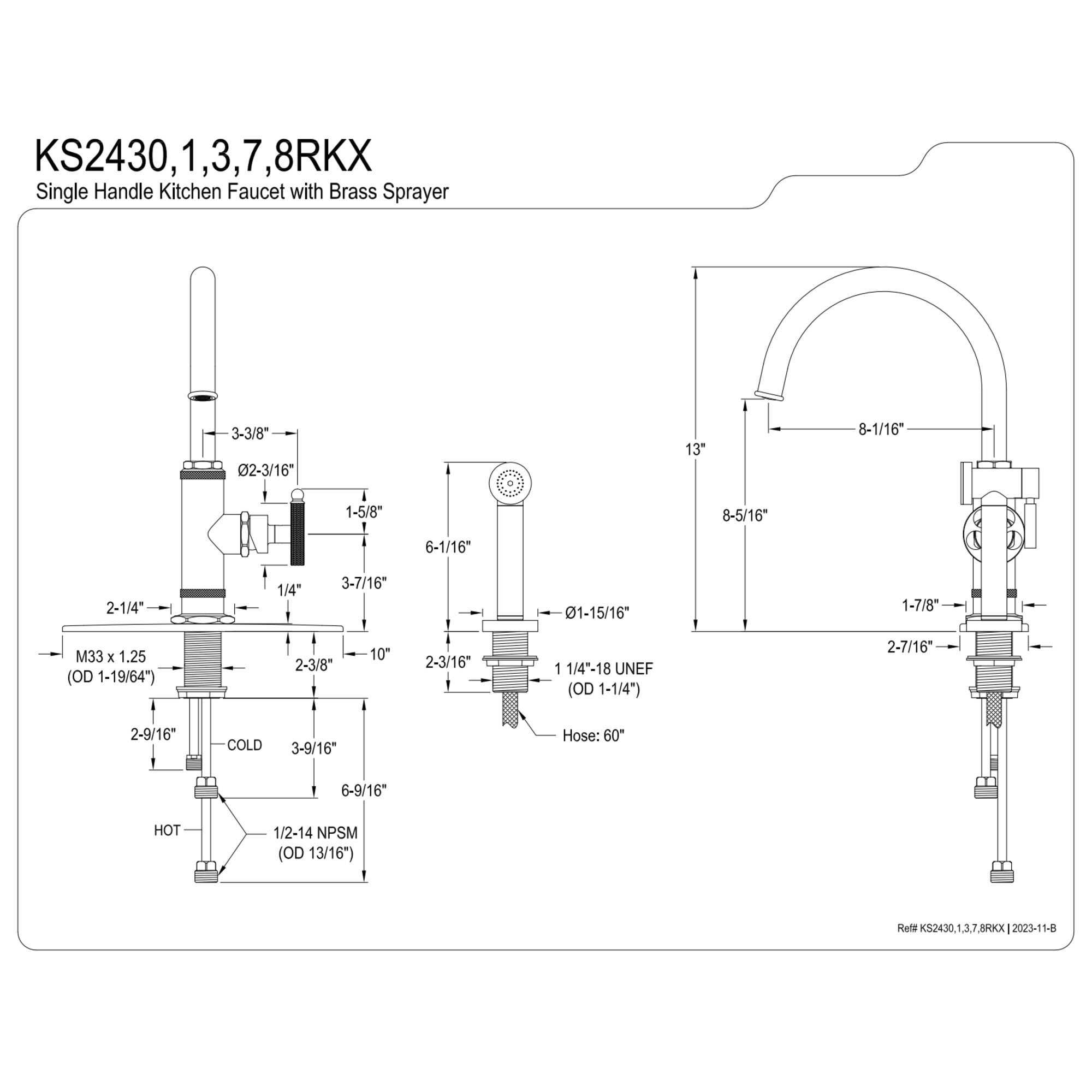 Kingston Brass KS2433RKX Webb Single-Handle Kitchen Faucet with Knurled Handle and Brass Side Sprayer, Antique Brass
