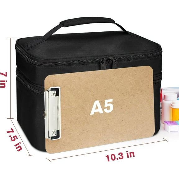 Dual Layers Medicine Organizer Bag, Lockable Zipper Travel Storage for Pills, Vitamins, Medical Supplies - Black