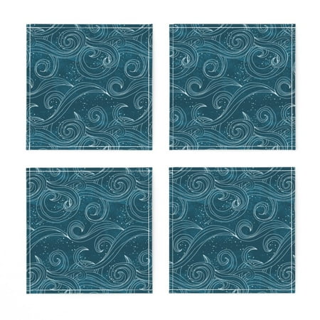 

Linen Cotton Canvas Cocktail Napkins (Set of 4) - Wild Waves Mermaid Ocean Sea Whimsical Abstract Midnight Magical Print Cloth Cocktail Napkins by Spoonflower