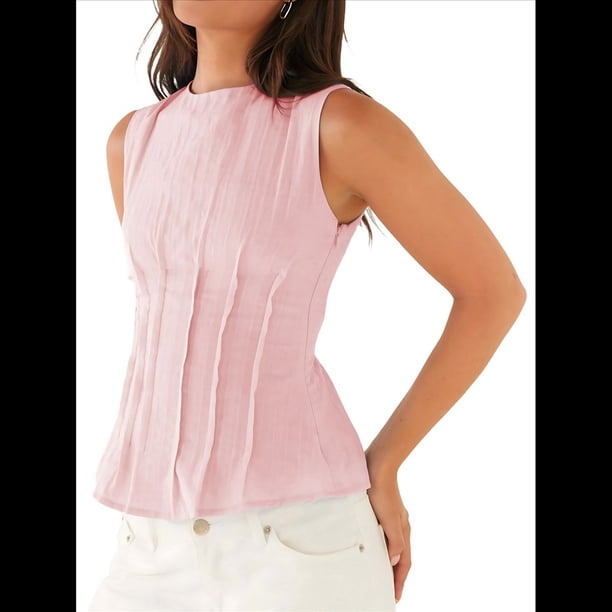 Blusas Casuales Sin Mangas para Mujer, Blusas de Trabajo Fruncidas, Ajustadas, Camisas de Moda 2025 Rosa L