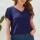 thumbnail image 3 of Camiseta de talla grande para mujer, cuello en V, Jacquard, punto, manga con volantes, informal, holgada, jersey de verano, Top azul 4XL, 3 of 6